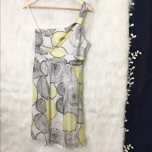 Milly Womens Size 4 Silk One Shoulder Yellow Grey Polka Dot Circle Pattern Dress